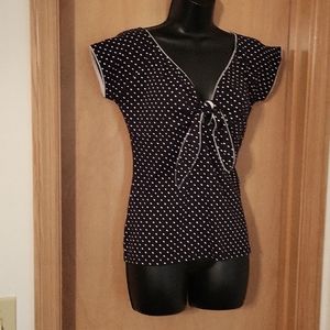 Women's XL Hell Bunny Retro Top Black w/White Polka Dots